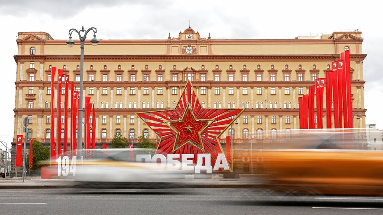 A view shows decorations installed ahead of Victory Day, marking the anniversary of the victory over Nazi Germany in World War II, in front of the Federal Security Service (FSB) building in Lubyanka Square in Moscow, Russia May 8, 2023. REUTERS/Maxim Shemetov
