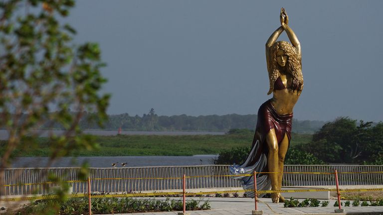 A 6.5m bronze sculpture of Shakira has been unveiled in her native city of Barranquilla, Colombia. Pic: dpa/picture-alliance/dpa/AP
