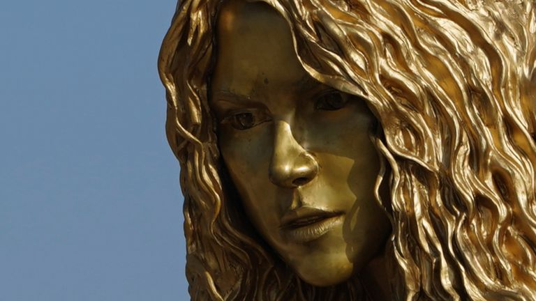 A 6.5m bronze sculpture of Shakira has been unveiled in her native city of Barranquilla, Colombia. Pic: dpa/picture-alliance/dpa/AP
