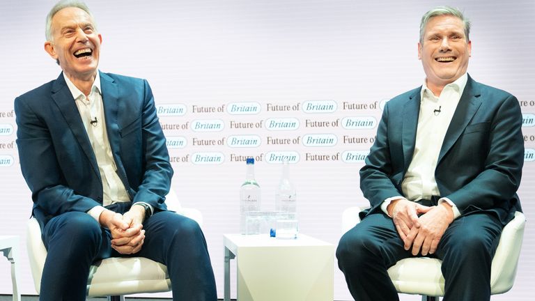 Former Prime Minister Tony Blair (left) and Labour leader Sir Keir Starmer discuss politics during the Tony Blair Institute for Global Change&#39;s Future of Britain Conference in central London. Picture date: Tuesday July 18, 2023.
