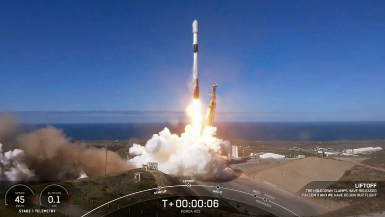 In this image from video provided by SpaceX, South Korea launches its first military spy satellite from Vandenberg Space Force Base, Calif., Friday, Dec. 1, 2023. Using SpaceX&#39;s Falcon 9 rocket, it was the first of five spy satellites South Korea plans to send into space by 2025 under a contract with SpaceX. The launch took place a little over a week after North Korea claimed to put its own spy satellite into orbit for the first time as tensions rise between the rivals. (SpaceX via AP)