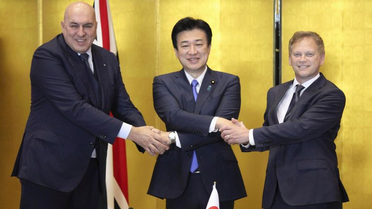 Grant Shapps (R) with the Italian and Japanese defence ministers Guido Crosetto (R) and Minoru Kihara at the treaty signing ceremony Pic: AP