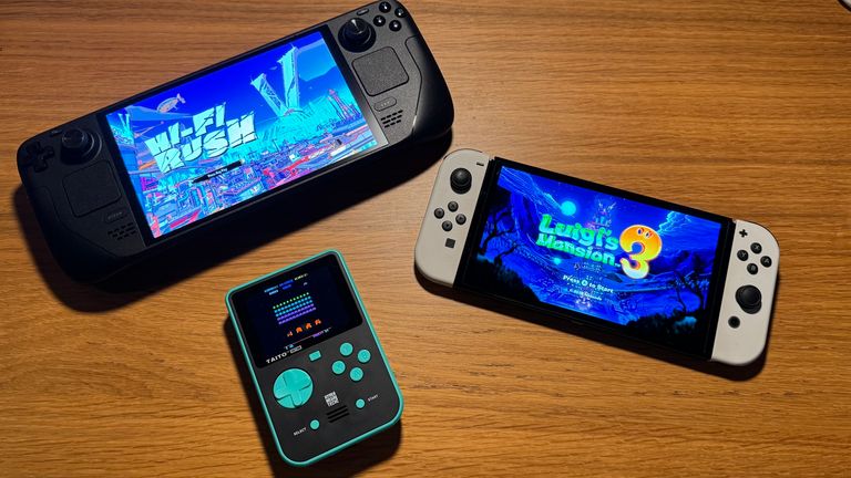 The Game Boy-style Super Pocket is dwarfed by the Nintendo Switch and even heftier Steam Deck OLED
