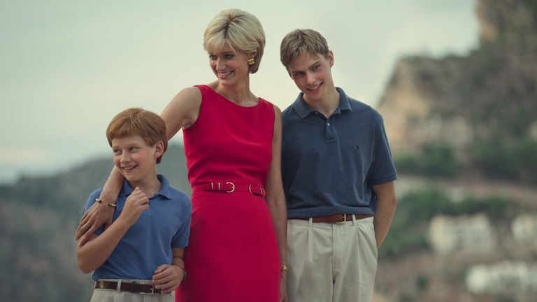 Elizabeth Debicki as Princess Diana and a young Will and Kate in The Crown Pic: Netflix