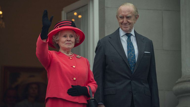 Imelda Staunton and Jonathan Pryce and the Queen and Prince Philip in The Crown Pic: Netflix
