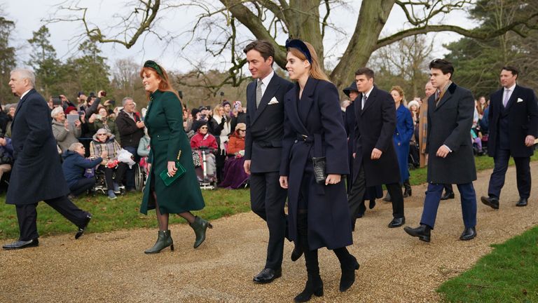 (left to right) The Duke of York, Sarah Ferguson, the Duchess of York, Edoardo Mapelli Mozzi, Princess Beatrice, Arthur Chatto and Samuel Chatto attending the Christmas Day morning church service at St Mary Magdalene Church in Sandringham, Norfolk. Picture date: Monday December 25, 2023.
