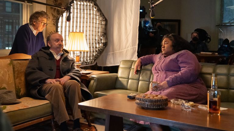 Director Alexander Payne and actors Paul Giamatti and Da&#39;Vine Joy Randolph on the set of The Holdovers. Pic: a Focus Features/Seacia Pavao