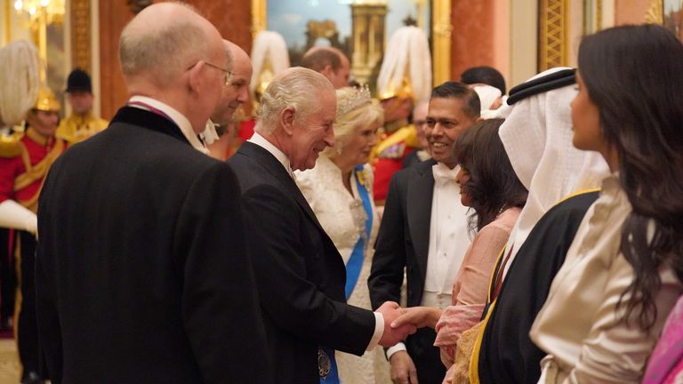King Charles III and Queen Camilla at an evening reception for members of the Diplomatic Corps at Buckingham Palace
