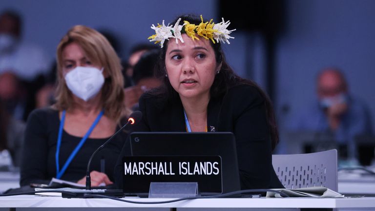 Climate Envoy of the Republic of the Marshall Islands Tina Stege looks on at the UN Climate Change Conference (COP26), in Glasgow, Scotland, Britain November 12, 2021. REUTERS/Yves Herman
