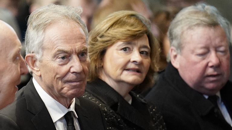 Former Prime Minister Tony Blair (second left) and his wife Cherie Blair attending the memorial service of Alistair Darling at Edinburgh&#39;s St Mary&#39;s Episcopal Cathedral. The former chancellor of the exchequer died on November 30, aged 70, following a stay in hospital where he was being treated for cancer. Picture date: Tuesday December 19, 2023. PA Photo. See PA story FUNERAL Darling. Photo credit should read: Andrew Milligan/PA Wire 