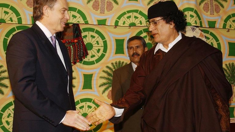 British Prime Minister Tony Blair and Libyan leader Colonel Muammar Gaddafi ahead of their talks in Tripoli. Mr Blair&#39;s visit follows Libya&#39;s agreement in December to dismantle its WMD programme and its acceptance of responsibility for the Lockerbie bombing and the murder of Wpc Yvonne Fletcher.