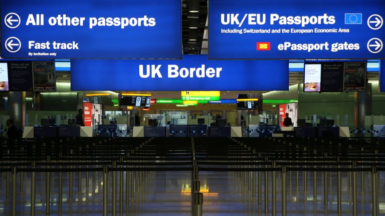UK border control is seen at Terminal 2 at London Heathrow Airport on June 4, 2014. REUTERS/Neil Hall