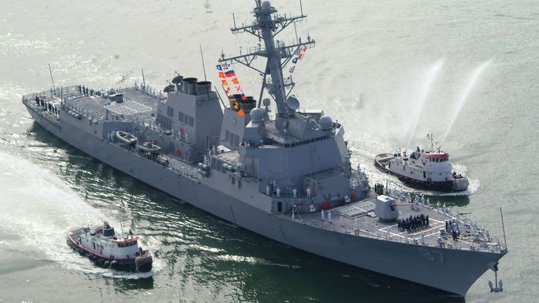 The USS Mason (DDG 87), the United States Navy&#39;s newest and most advanced guided missile destroyer, arrives at Port Canaveral, Florida, April 4,2003. The Mason is the newest of the Arleigh Burke class destroyers and carries an array of advanced weaponry, including the Aegis anti-air warfare missile system, Tomahawk land attack missiles, an advanced anti-submarine detection system and two helicopters. The Mason is to be commissioned at Port Canaveral on April 12, 2003. REUTERS/ Karl Ronstrom KR/G