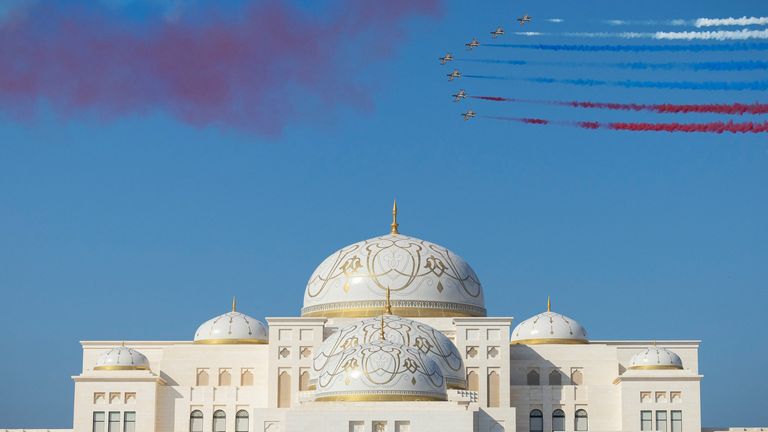 A Fursan aerobatic team performs during the arrival of Vladimir Putin, President of Russia, for a state visit reception at Qasr Al Watan, Abu Dhabi, United Arab Emirates, December 6, 2023. Ryan Carter/UAE Presidential Court/Handout via REUTERS THIS IMAGE HAS BEEN SUPPLIED BY A THIRD PARTY
