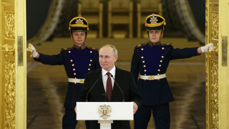 Russian President Vladimir Putin gives a speech to newly appointed foreign ambassadors in the Kremlin