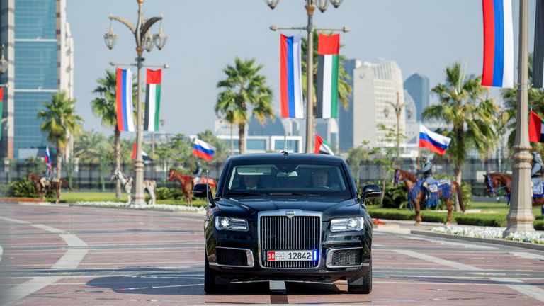 Vladimir Putin, President of Russia (in vehicle), arrives for a state visit reception, at Qasr Al Watan, Abu Dhabi, United Arab Emirates, December 6, 2023. Rashed Al Mansoori/UAE Presidential Court/Handout via REUTERS THIS IMAGE HAS BEEN SUPPLIED BY A THIRD PARTY