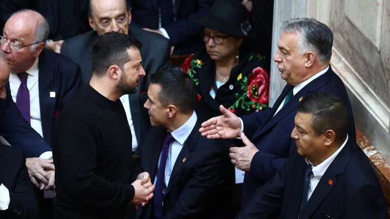 Hungarian Prime Minister Viktor Orban speaks with Ukraine&#39;s President Volodymyr Zelenskyy as they attend the swearing-in ceremony of Argentina&#39;s President-elect Javier Milei at the National Congress, in Buenos Aires, Argentina 