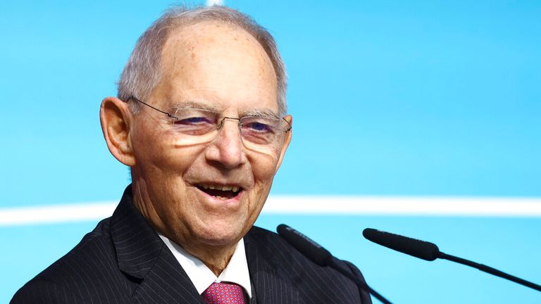 Christian Democratic Union (CDU) party member and former German Minister of Interior Wolfgang Schaeuble, who served 50 years as a member of Germany&#39;s lower house of parliament, the Bundestag, smiles at a honor festive matinee in Berlin, Germany, January 16, 2023. (Lisi Niesner/Pool via AP)