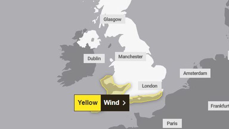 The yellow weather warning covers parts of the south of the UK