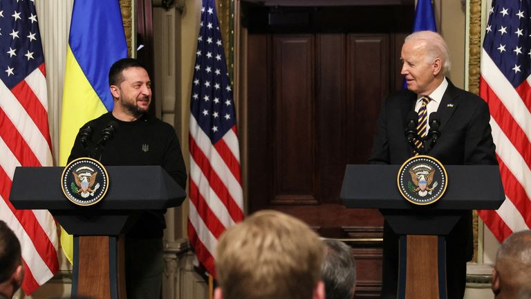 U.S. President Joe Biden and Ukraine&#39;s President Volodymyr Zelenskiy react during a joint press conference at the White House in Washington, U.S., December 12, 2023. REUTERS/Leah Millis