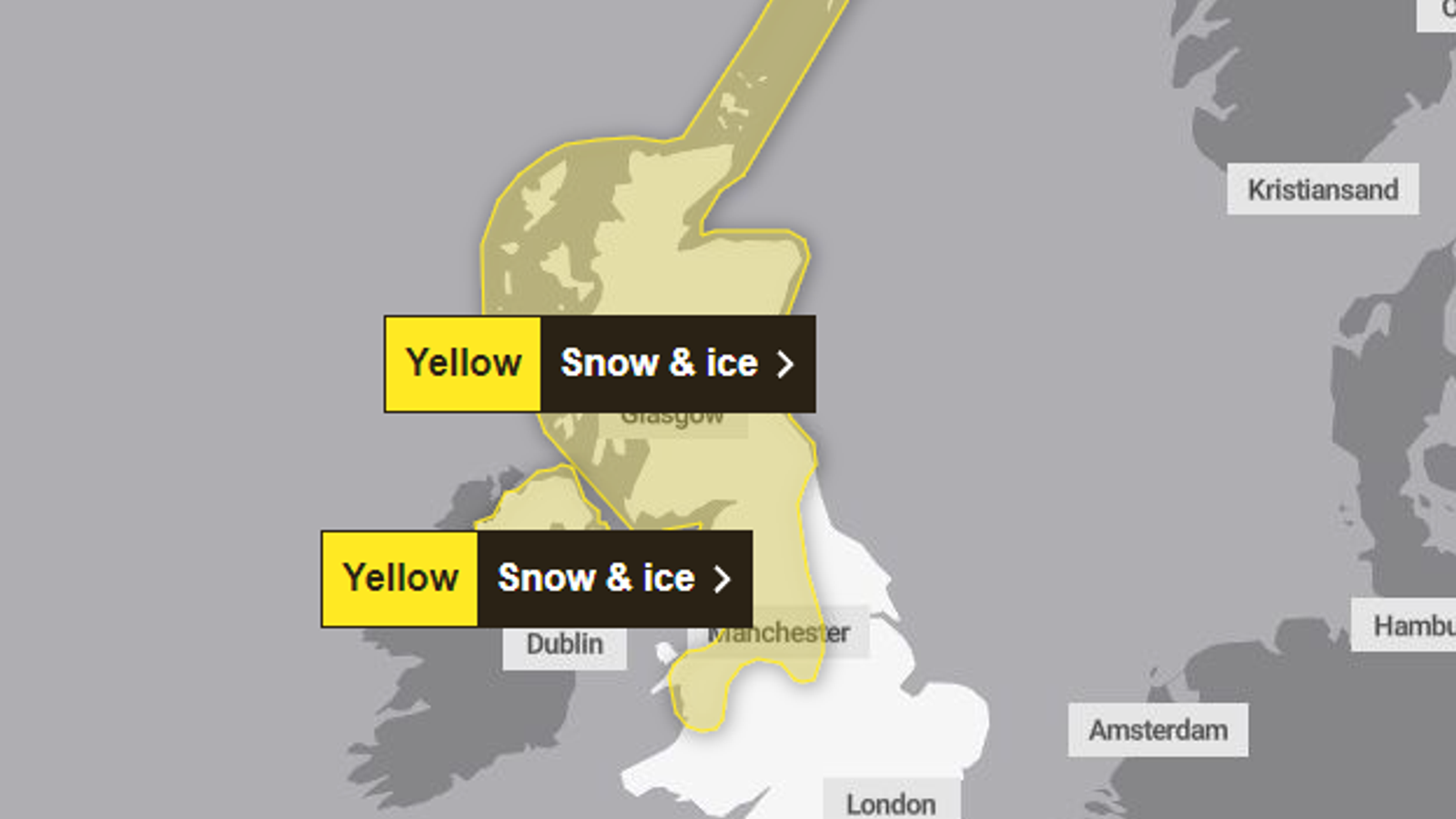 Snow and ice warnings extended across UK as country braces for big freeze