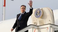 Antony Blinken boards a plane to travel to Crete, as he leaves Istanbul in Turkey. Pic: AP