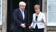 Scotland&#39;s First Minister Nicola Sturgeon with Prime Minister Boris Johnson in Bute House in Edinburgh ahead of their meeting. PRESS ASSOCIATION Photo. Picture date: Monday July 29, 2019. See PA story POLITICS Brexit Scotland. Photo credit should read: Duncan McGlynn/PA Wire