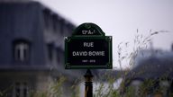 CORRECTS YEAR - The street sign of singer David Bowie is pictured after being unveiled during a ceremony in Paris, Monday, Jan. 8, 2024. The city of Paris is immortalizing late British music icon David Bowie by naming a street after him in the city&#39;s southeast on what would have been his 77th birthday on Monday. (AP Photo/Christophe Ena)