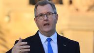DUP leader Sir Jeffery Donaldson MP speaks to the media at the Parliament Buildings in Stormont, Belfast.
Pic: PA