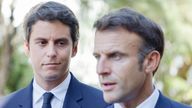 Education Minister Gabriel Attal , left, listens to French President Emmanuel Macron as they meet teachers during a visit of a vocational school in Orange,
Pic:AP