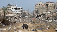 Pic: AP
Palestinians walk past the building destroyed in the Israeli Bombardment of the Gaza Strip in Gaza City on Wednesday, Jan. 3, 2024. (AP Photo/Mohammed Hajjar)