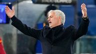 Roma&#39;s head coach Jose Mourinho reacts during the Serie A soccer match between Roma and Atalanta, at Rome&#39;s Olympic Stadium, Sunday, Jan. 7, 2024. (AP Photo/Andrew Medichini)