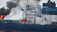 The vessel on fire. Pic: @indiannavy/X