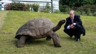 Prince Edward, Duke of Edinburgh meets the world&#39;s oldest living land animal, Jonathan the 191-year-old giant tortoise, on the South Atlantic island of Saint Helena
Pic: Buckingham Palace/Reuters