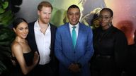 Harry and Meghan with Jamaican Prime Minister Andrew Holness and wife Juliet Holness. Pic: MEGA