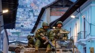 Soldiers in an armoured vehicle patrol the city&#39;s historic centre following an outbreak of violence a day after Ecuador&#39;s President Daniel Noboa declared a 60-day state of emergency following the disappearance of Adolfo Macias, leader of the Los Choneros criminal gang, from the prison where he was serving a 34-year sentence, in Quito, Ecuador
