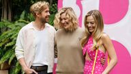 Barbie director Greta Gerwig with its stars Ryan Gosling and Margot Robbie