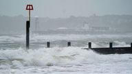 Waves crash against a groyne at Boscombe beach in Dorset. The UK is blanketed by "unusual" danger-to-life wind warnings ahead of Storm Isha, with people warned not to travel amid possible 90mph gusts. Picture date: Sunday January 21, 2024.

