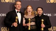 Sarah Snook, Matthew Macfadyen, and Kieran Culkin pose with their Golden Globes