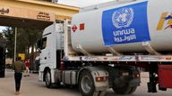 A UMRWA truck loaded with fuel heads for Gaza at the Rafah Border Crossing in Egypt on 22 November 2023. Pic: AP