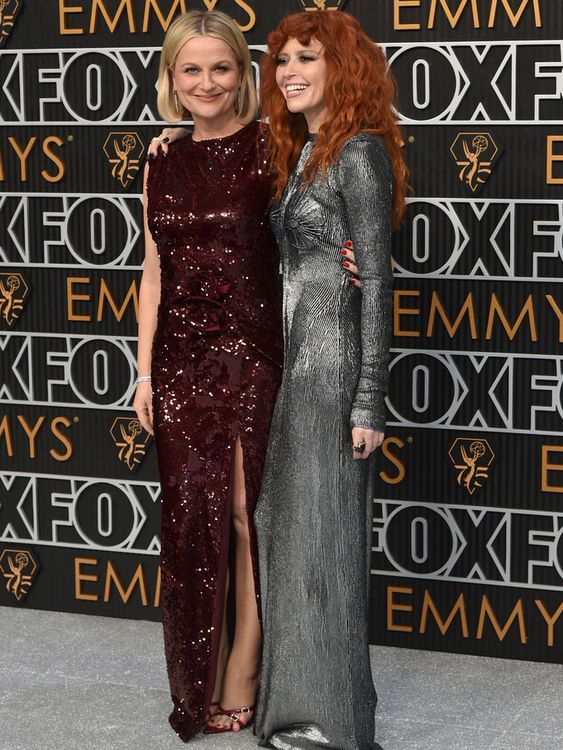 Amy Poehler, left, and Natasha Lyonne arrive at the 75th Primetime Emmy Awards on Monday, Jan. 15, 2024, at the Peacock Theatre in Los Angeles. (Photo by Richard Shotwell/Invision/AP)