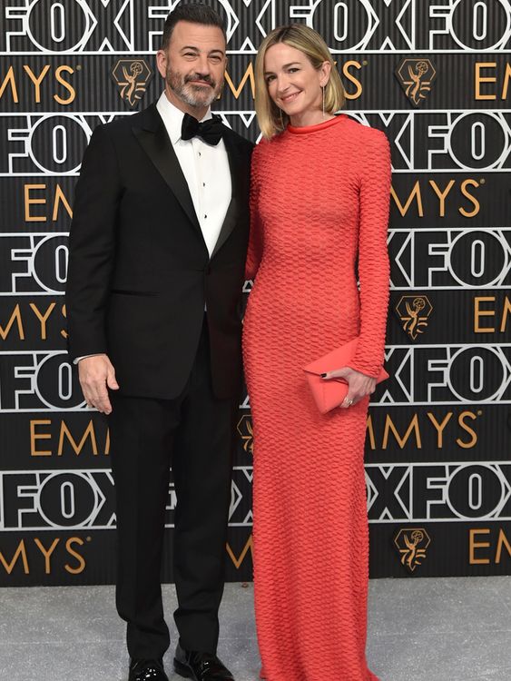Jimmy Kimmel, left, and Molly McNearney arrive at the 75th Primetime Emmy Awards on Monday, Jan. 15, 2024, at the Peacock Theatre in Los Angeles. (Photo by Richard Shotwell/Invision/AP)