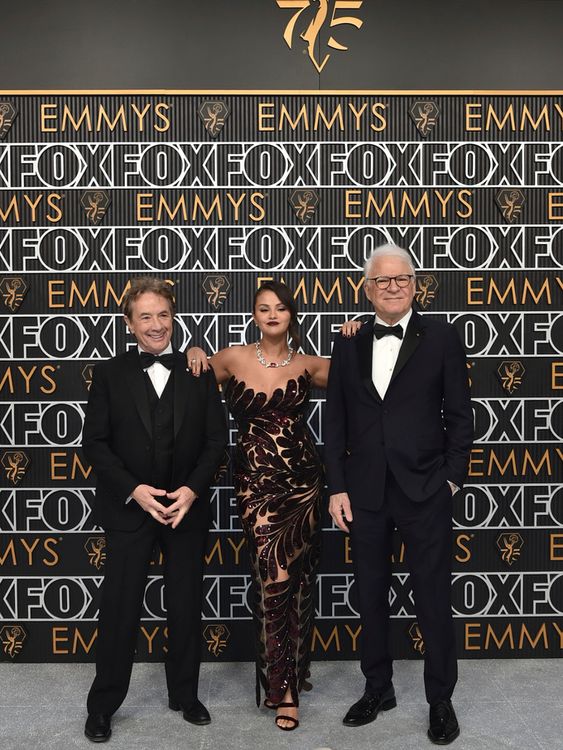 Martin Short, from left, Selena Gomez, and Steve Martin arrive at the 75th Primetime Emmy Awards on Monday, Jan. 15, 2024, at the Peacock Theatre in Los Angeles. (Photo by Richard Shotwell/Invision/AP)