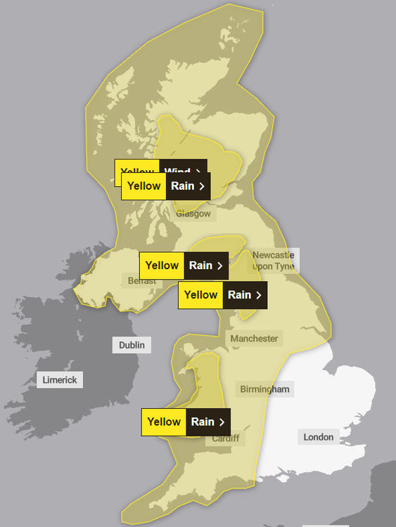 Yellow weather warnings for Sunday. Pic: Met Office