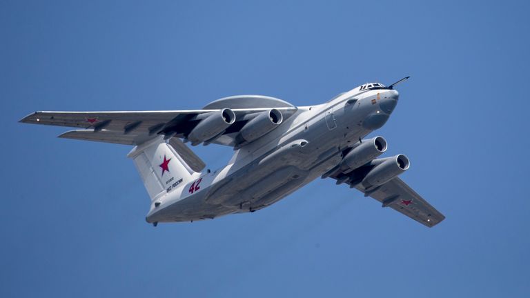 A Russian A-50 plane was shot down, Ukraine says. Pic: AP