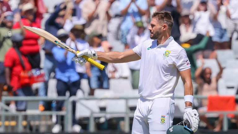 Aiden Markram of South Africa celebrates his 100 during the second day of the second test match between South Africa and India in Cape Town, South Africa, Thursday, Jan. 4, 2024. (AP Photo/Halden Krog)