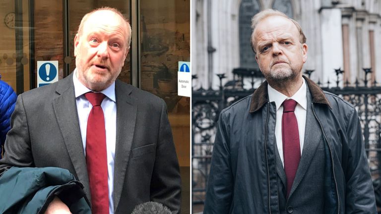 Alan Bates (centre) speaking outside the High Court in 2019 and Toby Jones as Alan Bates in the ITV series Mr Bates