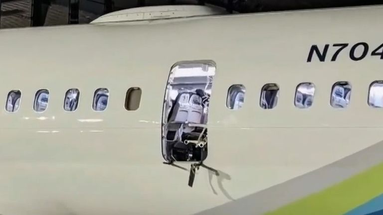 Exterior photos suggest the rear mid-cabin exit door separated from the aircraft during the flight. Pic: KGW