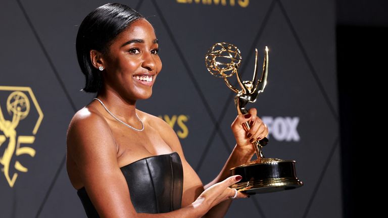 Ayo Edebiri poses with the Supporting Actress in a Comedy Series award for "The Bear" at the 75th Primetime Emmy Awards in Los Angeles, California, U.S., January 15, 2024. REUTERS/Aude Guerrucci
