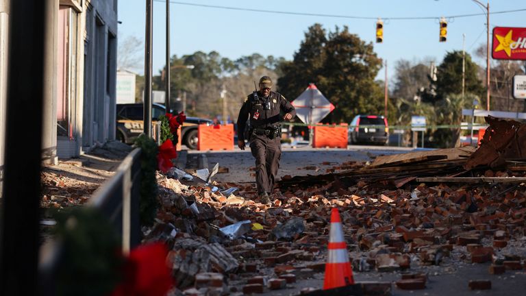 Fallen bricks line Main Highway a day after a tornado struck the town of Bamberg, South Carolina, U.S. January 10, 2024. REUTERS/Sam Wolfe
